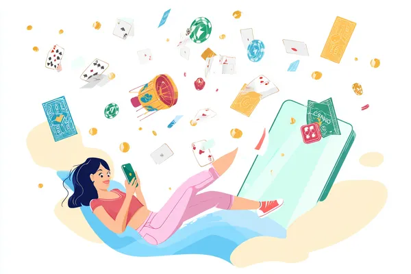 4777GEM App — Enjoy seamless gaming on your smartphone A young woman relaxing with her phone while dynamic casino elements float around her, illustrating the smooth mobile experience offered by the 4777GEM app.