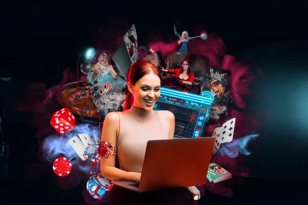 4777GEM Games — Explore our rich library of casino classics A woman smiling while playing online games on her laptop, surrounded by neon casino elements, showcasing 4777GEM’s diverse game collection.