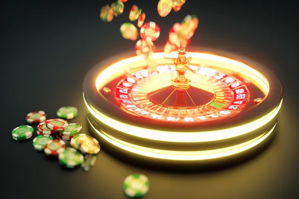 A glowing roulette wheel with cascading chips, symbolizing the engaging live and instant-win games available on 4777GEM.
